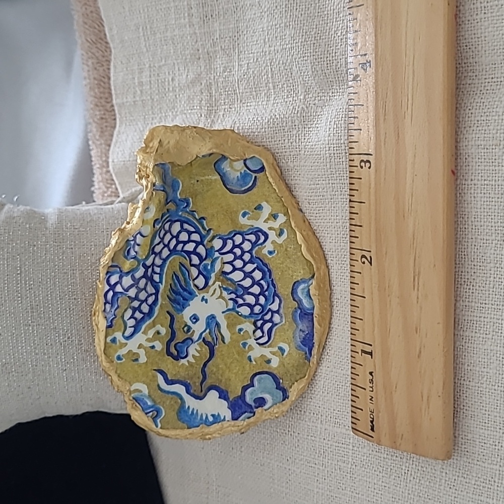 GENUINE handmade oyster shell Asian print coffee table jewelry dish Mothers Day!